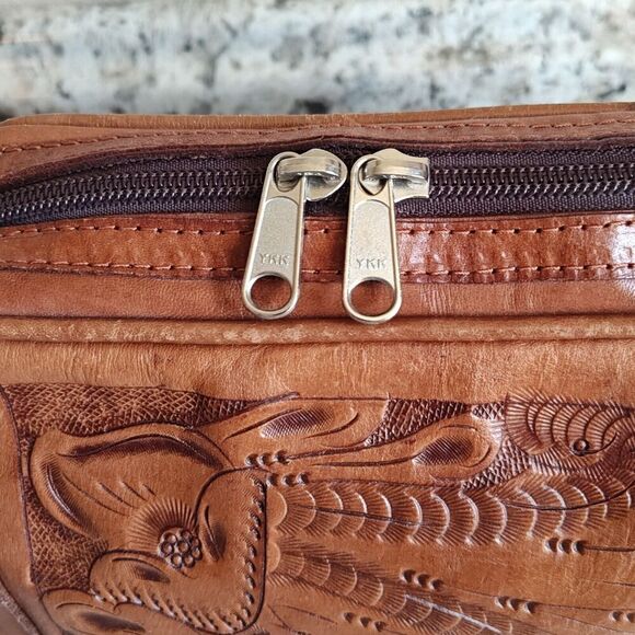 Force Ten Classic Floral Hand Tooled Leather Crossbody Bag Zip Closure Lined - Picture 7 of 14